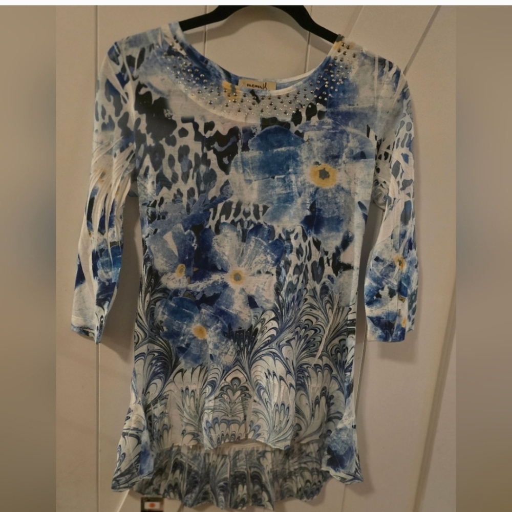 One World Tunic Top Boho Design Blue Medium